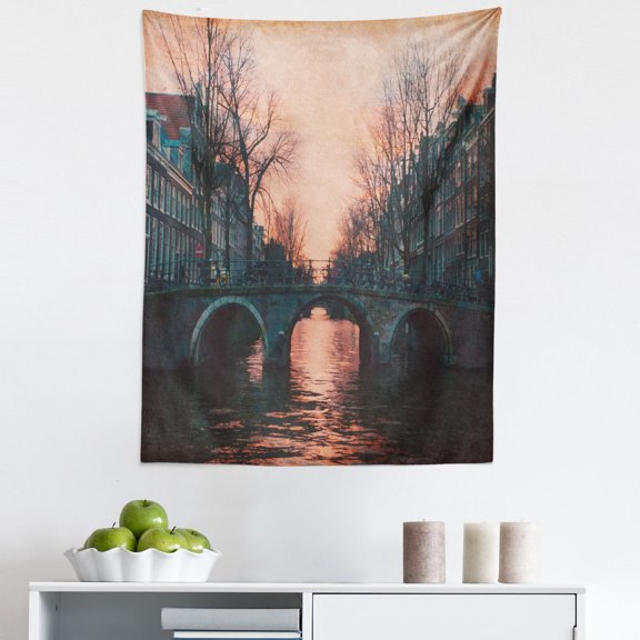 City Tapestry, Evening in Amsterdam Netherlands Scandinavian Aurora Borealis River Bridge Image, Fabric Wall Hanging Decor for Bedroom Living Room Dorm, 5 Sizes, Pink Grey, by Ambesonne