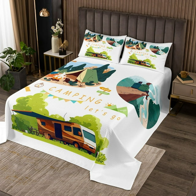Cartoon Camper Coverlet Set King, Watercolor Rustic Style Bedspread Set 3Pcs for Kids Teens Adults Rv Decor,Happy Camping Theme Quilt Set Traveling Car Bedding Set with 2 Pillowcases