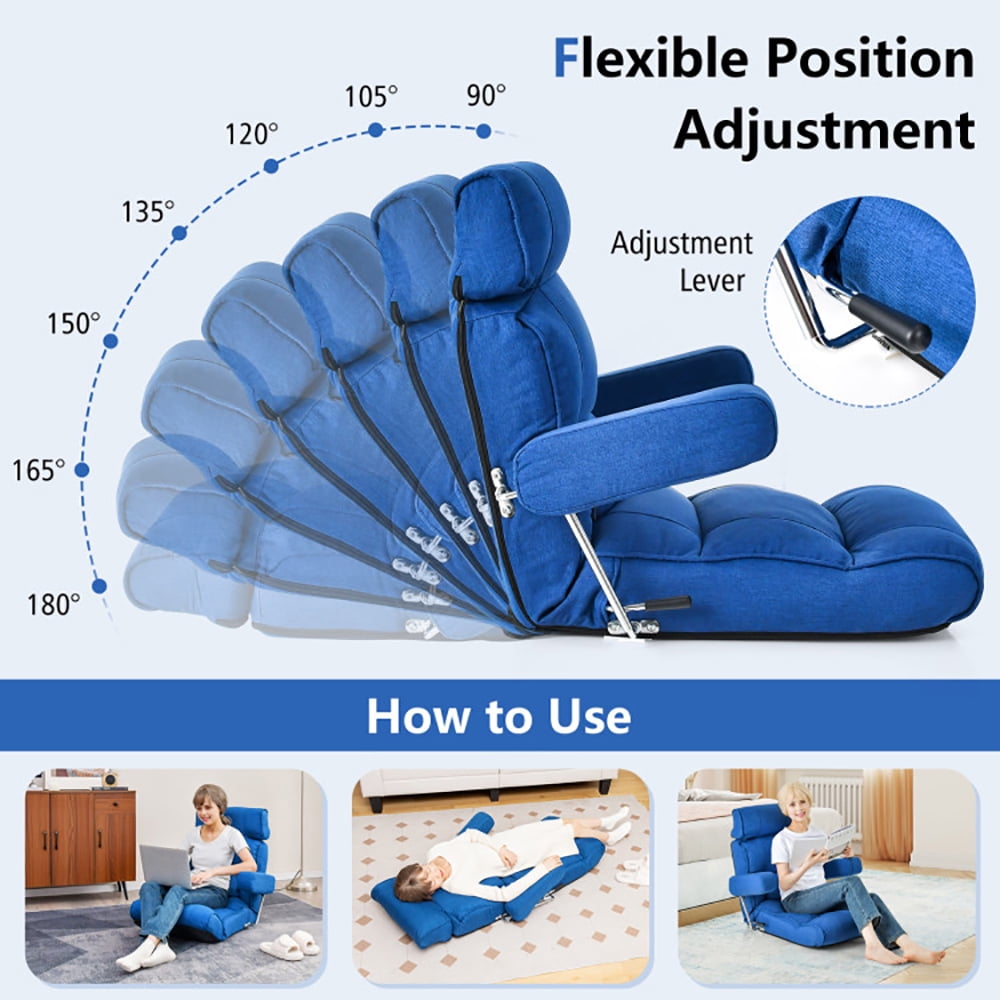 Finihen Folding Sofa Chair, Floor Chair, Adjustable Folding Sofa Chair with 6 Position Stepless Back, for Living Room, Bedroom, for Gaming, Reading, Blue