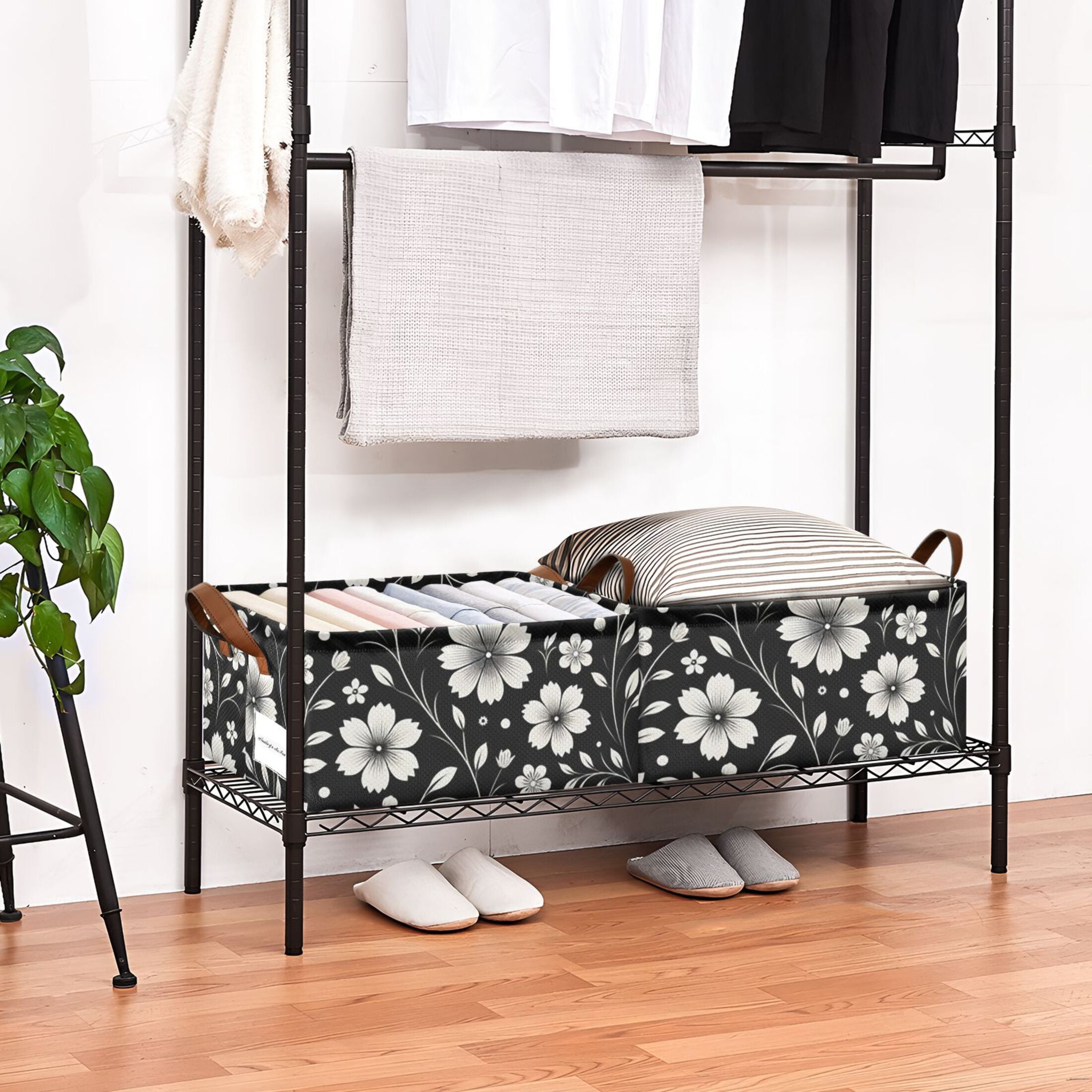Retro White and Black Flowers Storage Bins with Handles Foldable Storage Baskets for Shelves Organizer Cloth Baskets