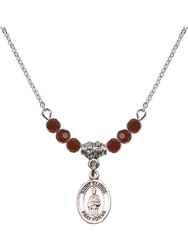 18-Inch Rhodium Plated Necklace with 4mm Ruby Birthstone Beads and Sterling Silver Saint Eligius Charm. 