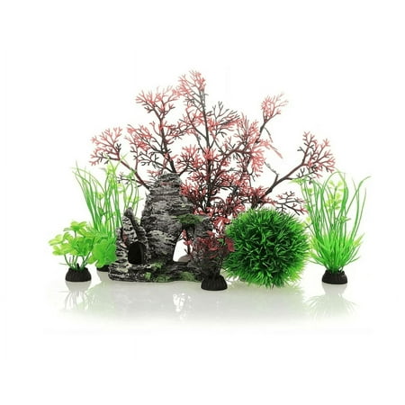 7 Pack Aquarium Fish Tank Plastic Plants and Cave Rock Decorations Decor, Small and Large Artificial Plants