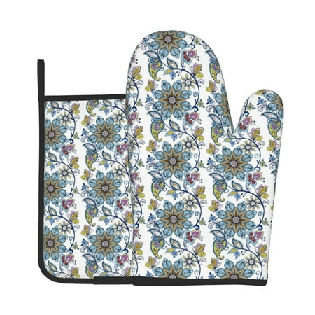 

Zeuib Flowers and Butterflies Print Oven Mitt & Pot Holder Set 2-Pack Kitchen Gloves and Hot Pads for Cooking BBQ Grilling Baking
