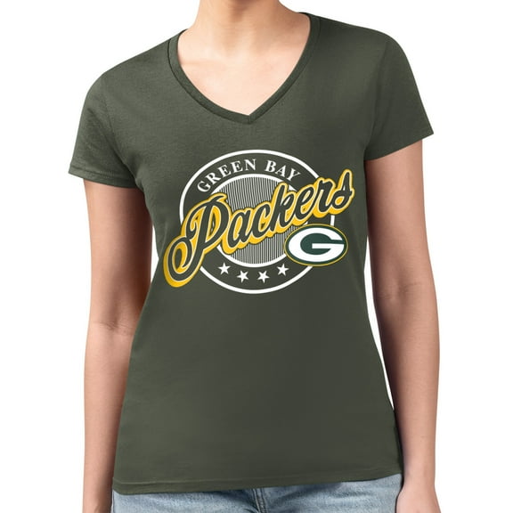 Women's G-III 4Her by Carl Banks  Green Green Bay Packers Super-Slim Fit Lightweight Pinstripe Circle V-Neck T-Shirt