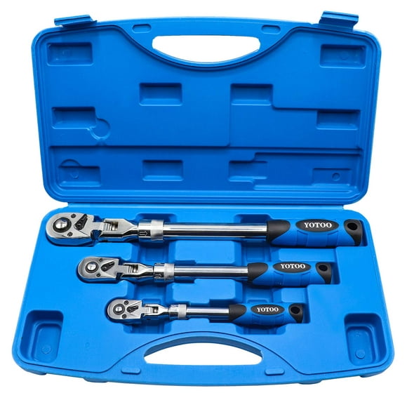 YOTOO Extendable Ratchet Set 3Pcs 1/4"" 3/8"" & 1/2"" Drive 72 Tooth Flex-Head Quick Release Locking Ratchets