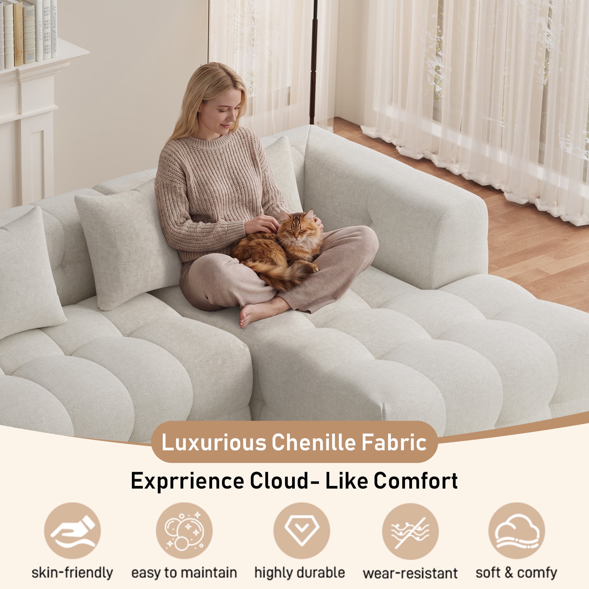 Wiilayok 120" Boneless Oversized Cloud Couch, Right Facing L-Shaped Chenille Sectional Sofa with Chaise Lounge, Deep Seat Upholstered Living Room Sofa with 4 Pillows, No Assembly, Beige