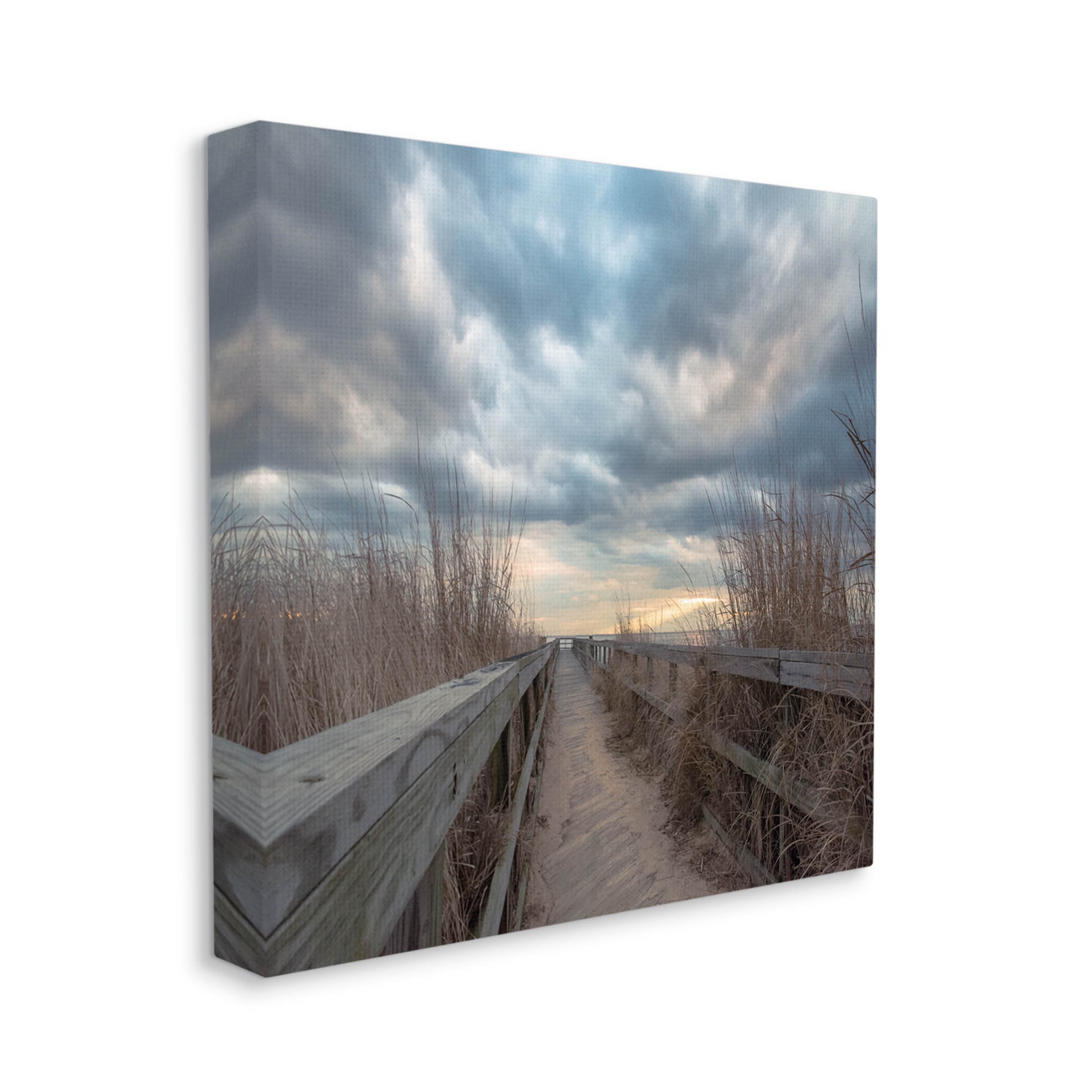 Cloudy Coastal Boardwalk View Coastal Photograph Gallery Wrapped Canvas Print Wall Art