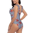 thumbnail image 4 of Goofa Starfish Navy Blue Stripe Print Women's Ruffled One Piece Swimsuit V Neck, 4 of 7