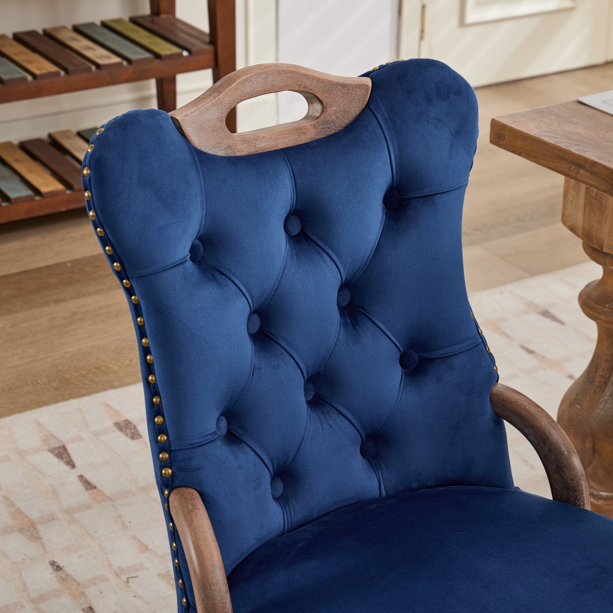 Garitin Dining Chair Set of 2 and Velvet Upholstered Arm Chairs, Button Tufted Back with Nailhead Trim and Solid Wood Legs for Dining Room, Blue
