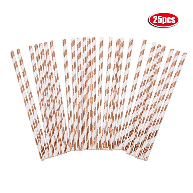 Vasos de papel a rayas de oro rosa, pajitas, vajilla desechable, suministros para decoración de fiesta de cumpleaños(#1)