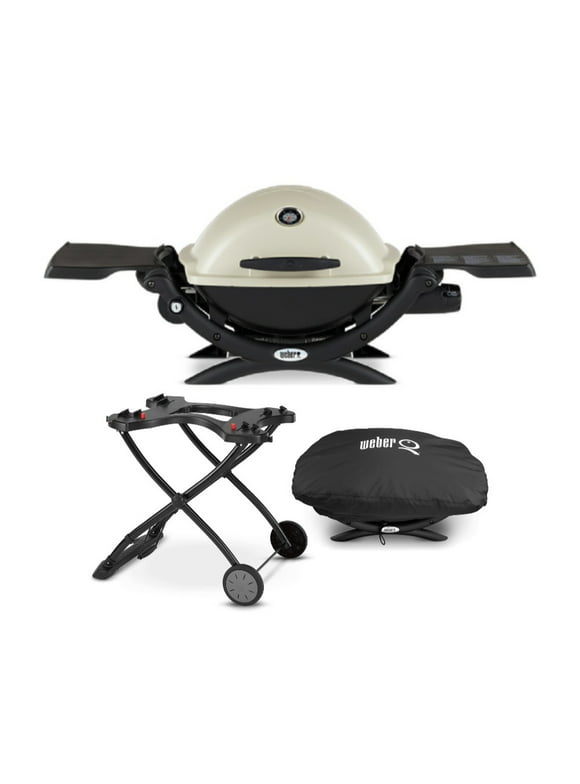 Weber Q 2200 Gas Grill (LP Gas, Titanium) with Portable Cart and Grill Cover