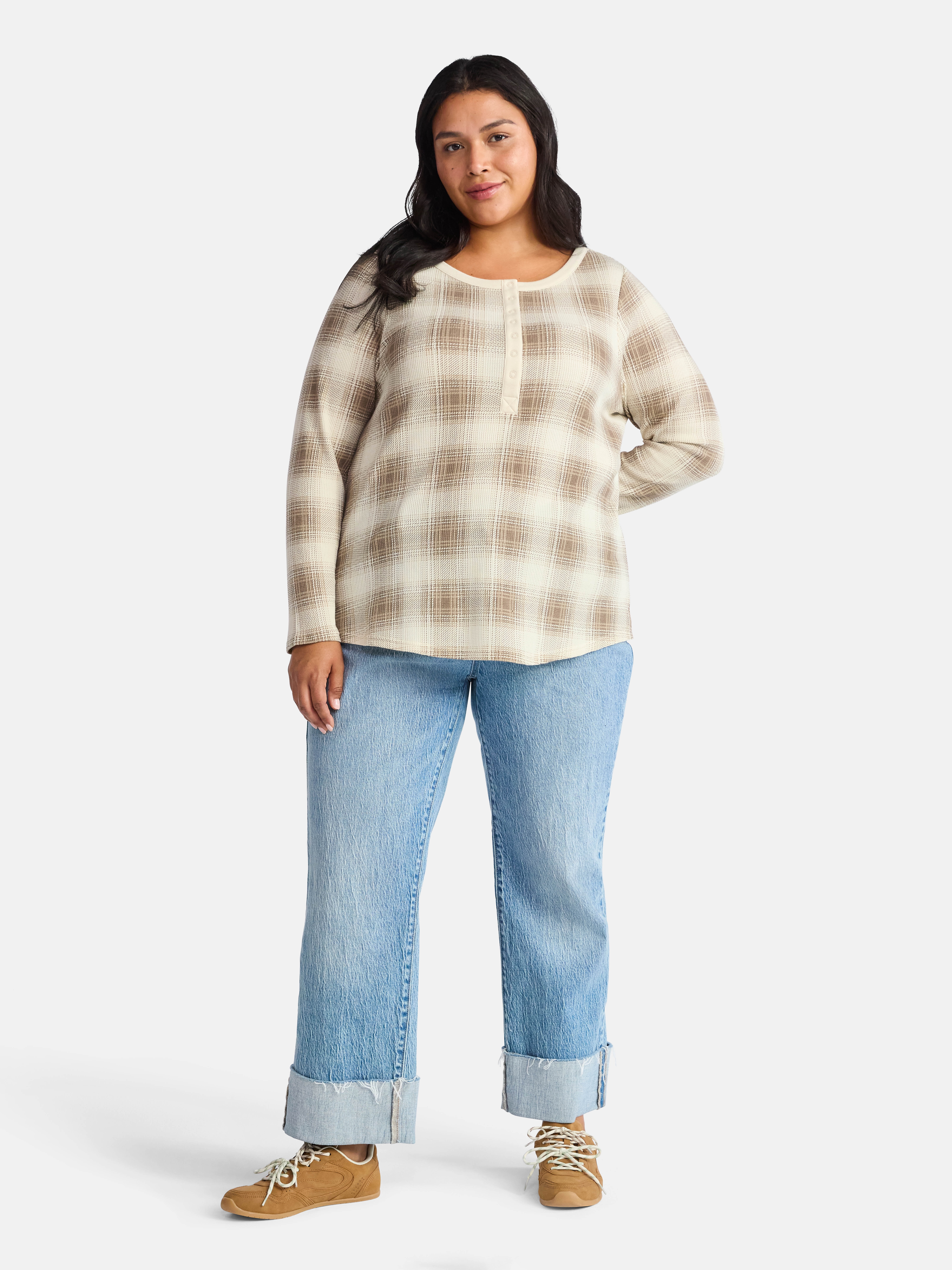 Terra & Sky Women’s Plus Thermal Henley Top with Long Sleeves, Size 0X-4X