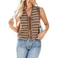 thumbnail image 2 of Women'S 2025 Summer Trendy Crochet Knit V Neck Sleeveless Tie Front Striped Sweater Vests Beach Outfits Light Brown L, 2 of 9