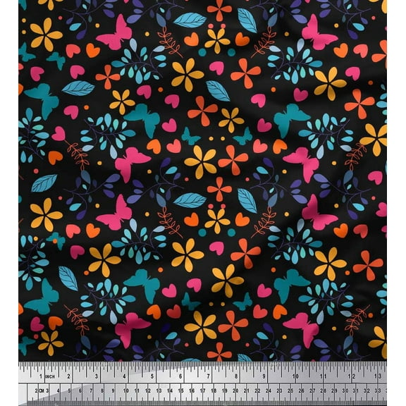 Soimoi Black Cotton Voile Fabric Flower & Butterfly Print Sewing Fabric BTY 42 Inch Wide