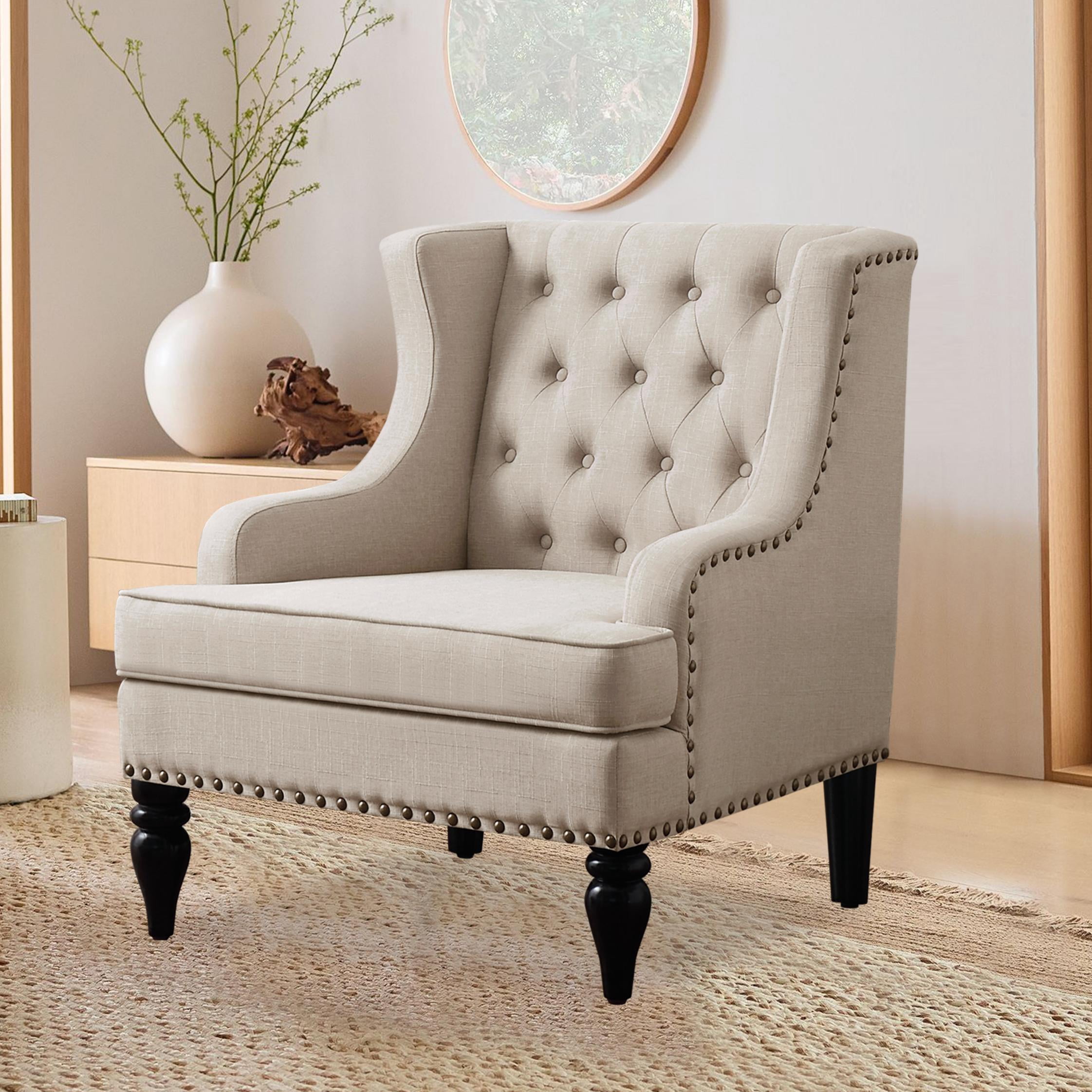 BSHTI Beige Linen Upholstered Accent Arm Chair, Solid Rubberwood Frame, Comfy Living Room Bedroom Side Chair