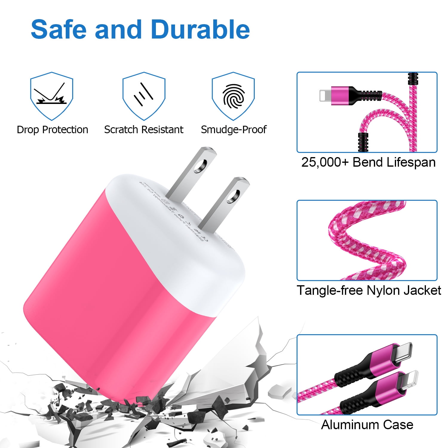 Compatible for iPhone Charger Fast Charging, 3 Pack 20W PD USB C Charger Block+USB C to Charging Cord 6FT, Type C Wall Charger Adapter USB C Brick Phone Charging Cord Compatible for iPhone, Pink