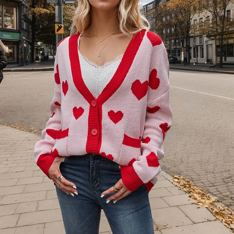 JUUYY Women's Cute Heart Cardigan Button Contrast Soft Knitted