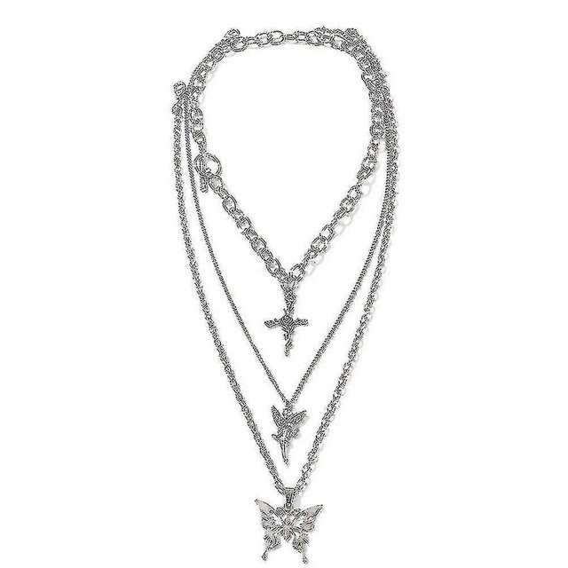 Conjunto de collar y gargantilla de cadena gruesa Yashi colgante de ángel y cruz de mariposa Plata