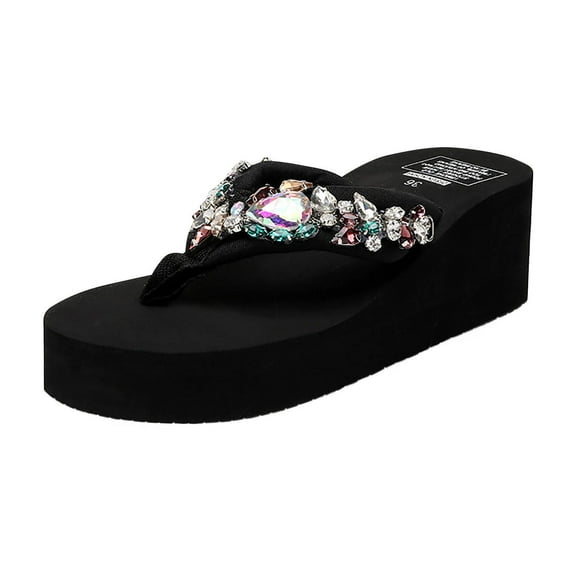 KIJBLAE Women Summer Rhinestone Embellished Flip Flops Sandals Bling Beach Thong Flat Sandals Ladies Outdoor Non-Slip Wedges Slippers Black 40