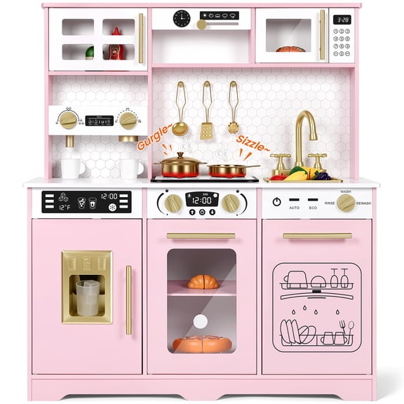 Wisairt Wooden Play Kitchen for Kids, Pretend Play Kitchen with Realistic Sounds & 23-Piece Accessory Set, Pink, Age 3