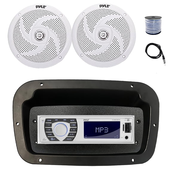 Pyle PLRMR23BTW Single DIN Bluetooth Marine MP3 Stereo Receiver, Spa bezel, Adapter Plate, 22" Radio Antenna, Wire, 2x 6'' 240 Watt Max 2-Way Boat Audio Speakers (White)