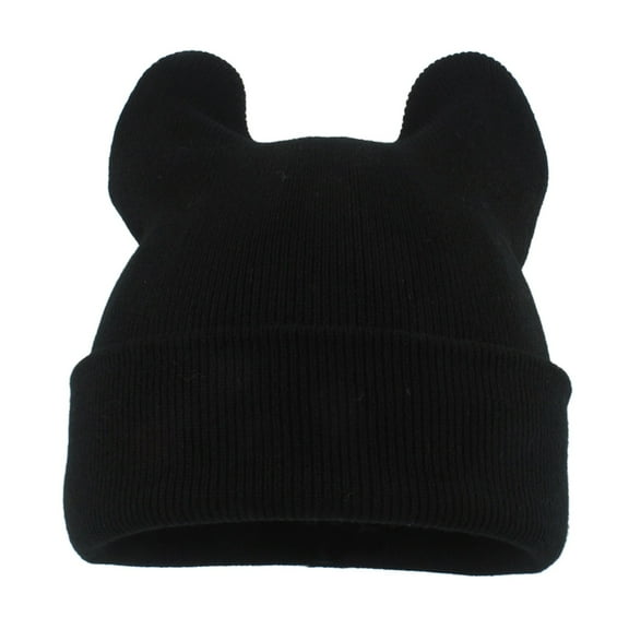 AWZXDE Cute 3D Ears Knitted Beanie with Rolled Brim Solid Color Winter Hat Warm Soft Knit Hat for Women Girls Fashion Funny Hat Black,One Size