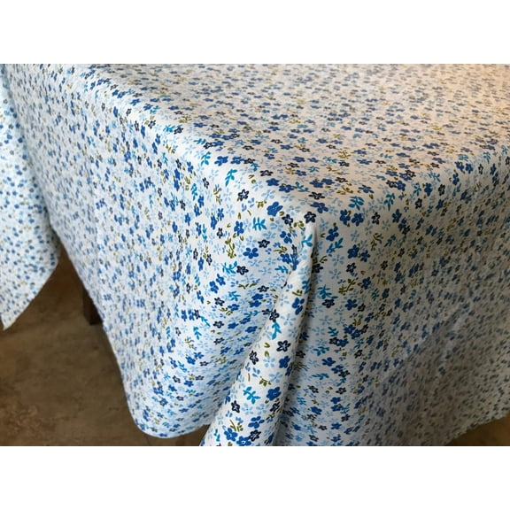 Cotton Tablecloth Floral Print Small Flowers Allover Blue on White