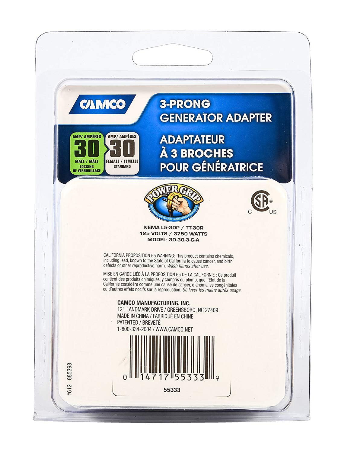 Camco Power Grip 30-Amp 3-Prong RV Generator Adapter 55333-1 Each 