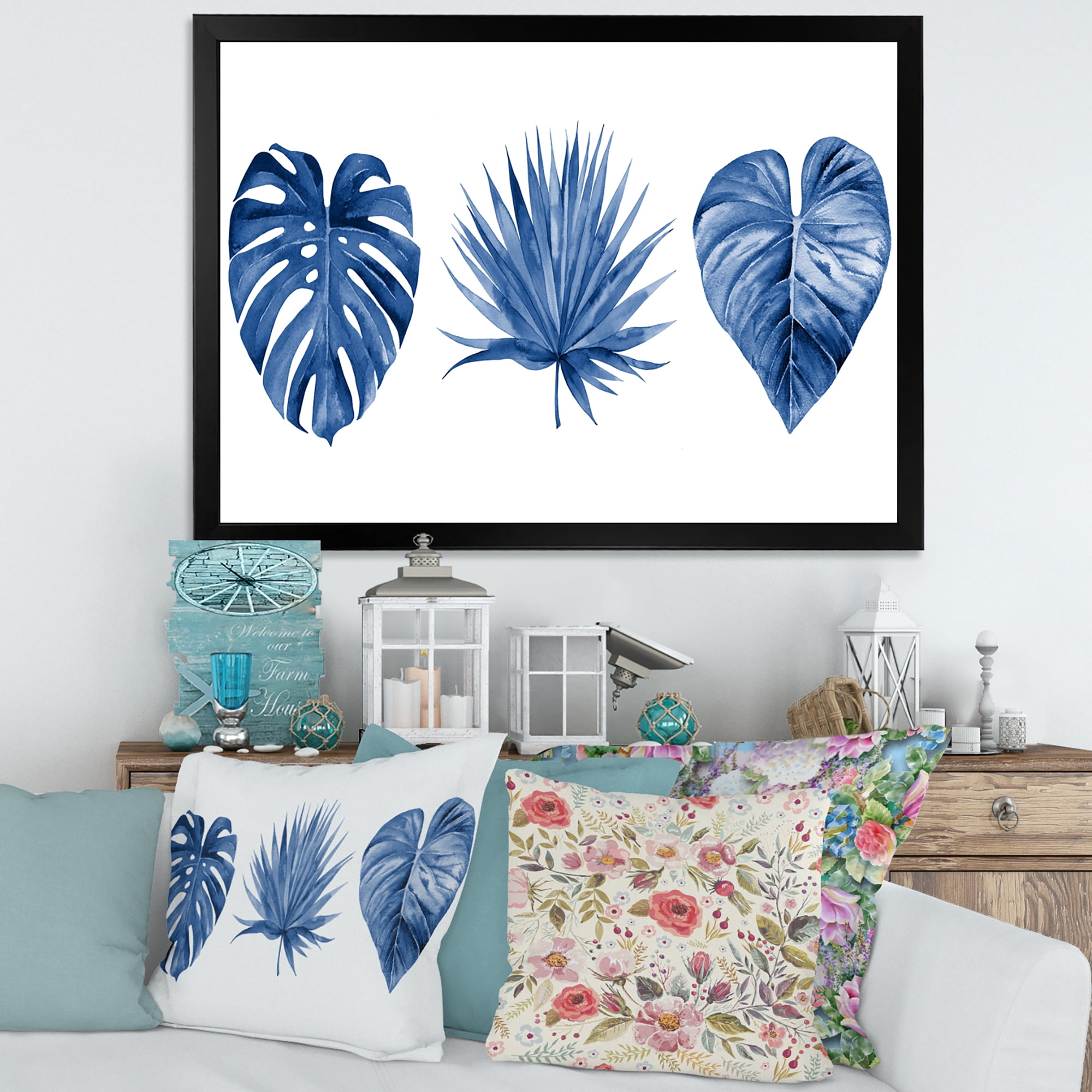 Designart 'Tropical Leaves In Classic Blue ' Tropical Framed Art Print