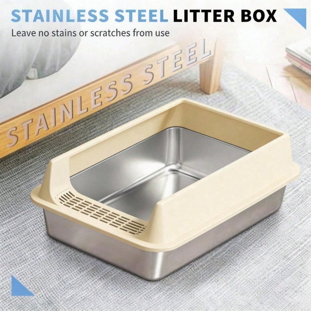Premium Cat Hygiene Solution: Ultra-Durable Stainless Steel Litter Box – Semi-Enclosed Splash-Proof Tray, Advanced Odor Control, Effortless To Clean & Maintain.