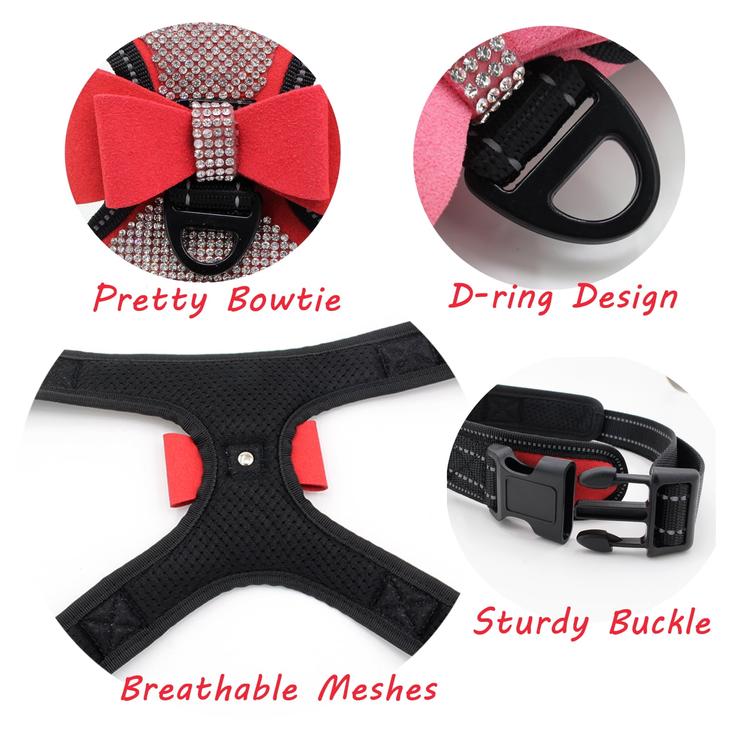 Large Dog Reflective Rhinestone Harness, No Pull Adjustable Bowtie Buckle D-ring Harness, Bling Nylon Dog Harnesses Vest for Large Dog Pink