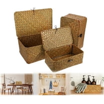 3 Pack Storage Boxes, Large Storage Bins with Lids, Wicker Storage Basket, Closet Storage Baskets for Bathroom, Living Room, Kitchen, Natural (9" 10" 11")