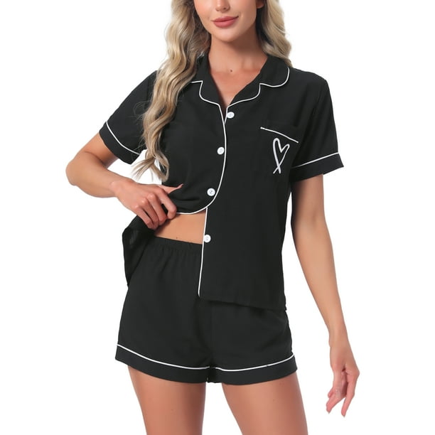 Conjunto de pijama para mujer INSPIRE CHIC con estampado de corazones, ropa de dormir linda, camisa de botones de manga corta con pantalones cortos, conjuntos de lounge XL negro