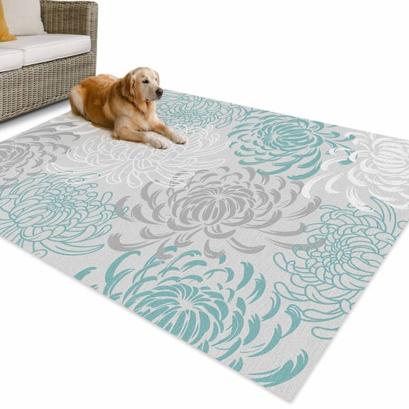 Outdoor Rug 6x9 ft Teal Turquoise Gray Floral Waterproof Outdoor Patio Rug Mat Non Slip Outside Area Rugs Carpet for RV,Camping,Porch,Deck,Pool,Balconybackyard,Abstract Flowers