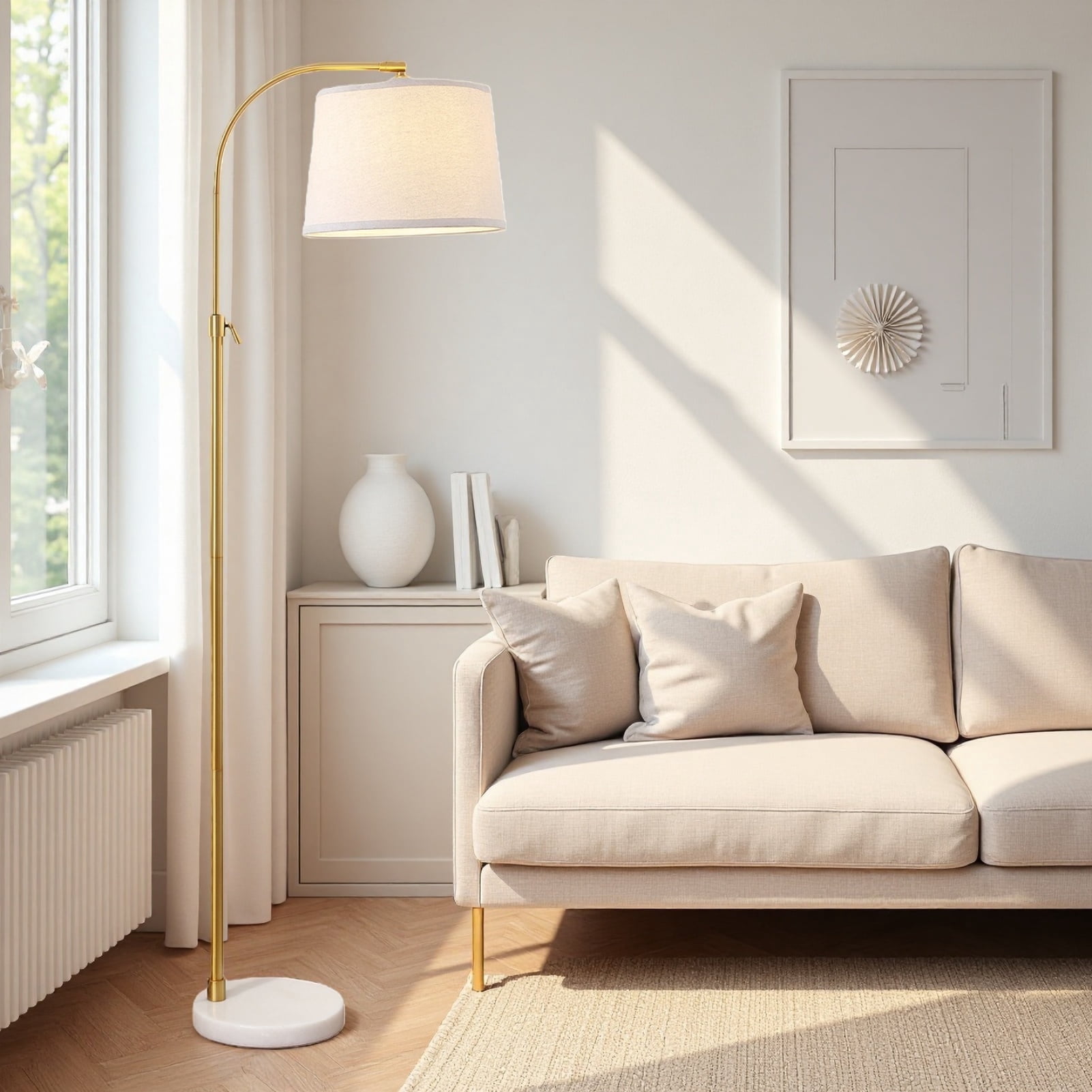 RORIA Modern Gold Floor Lamps,54-64”Height Adjustable Curved Standing Lamp,With a Linen Shade, Perfect for Bedrooms, Living Rooms, and Offices