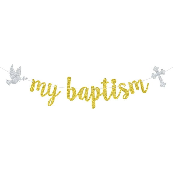 My Baptism Banner, First Holy Communion/God Bless, Glittery Religious Baptism/Cofirmation/Wedding/Baby Shower/1st Birthday Party Decorations, Gold & Silver
