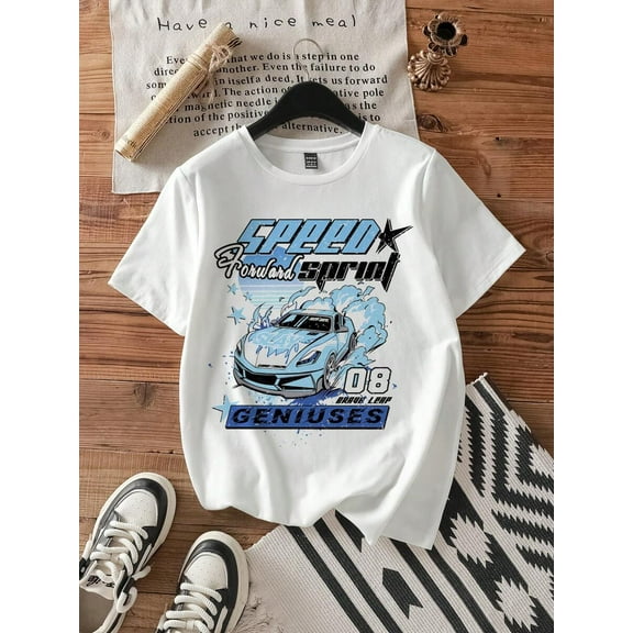 Casual Loose Car Print Round Neck Short Sleeve T-Shirt For Women,Slightly Sheer Suitable For Summer