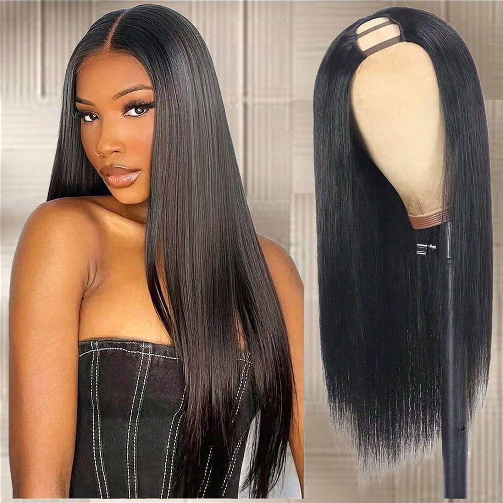 V Part Wigs Bone Straight Human Hair Wigs No Leave Out No Sew-In Glueless 250 Density Natural Black