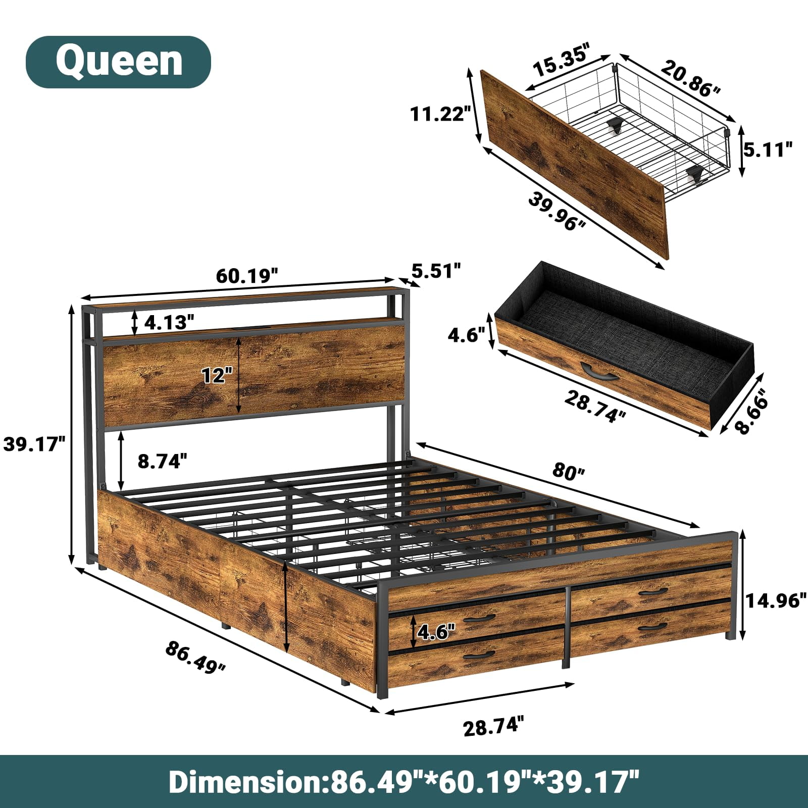 ZIVACATE Queen Bed Frames with Headboard, Queen Size Storage Bed Frame with 8 Drawers, Built-in Charging Ports & Outlets, Adjustable Atmospheric LED Lights, Queen-Size Metal Foundation Beds, Brown