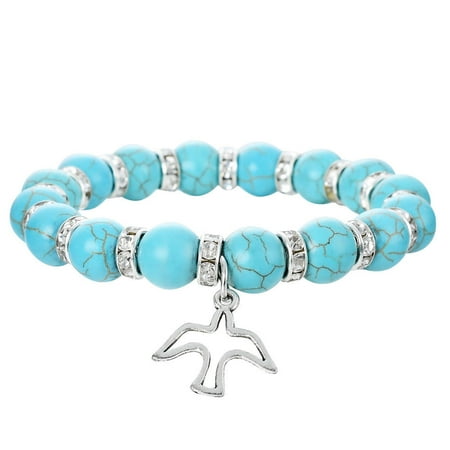 Vintage Spacer - Faux Turquoise Round Stone Stretch Bracelet w/ Crystal Spacers & a Rhodium Plated Vintage Bird Pendant By JADA Collections