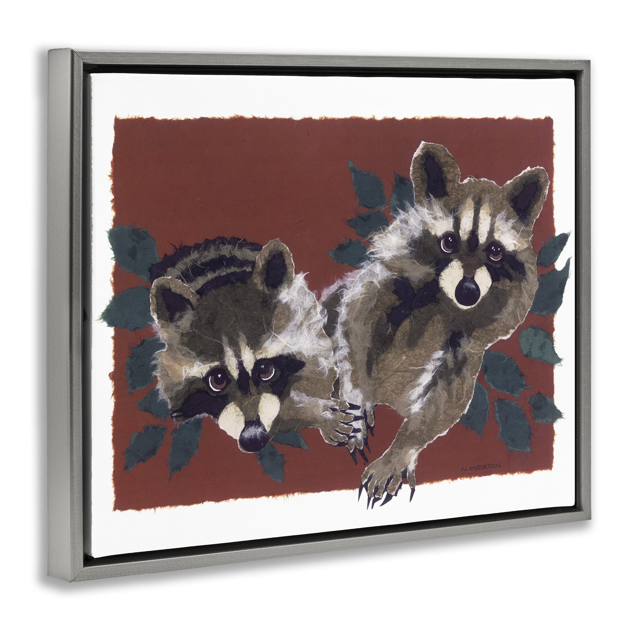 Stupell Industries Two Raccoons & Leaves Animals & Insects Painting Gray Floater Framed Canvas Art Print Wall Art, 21 x 17
