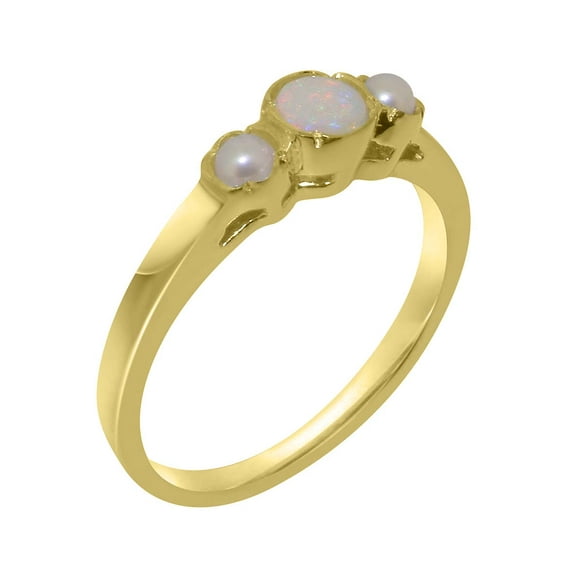 LBG British Made 18k Yellow Gold Natural Opal & Cultured Pearl Womens Anniversary Ring - 33 size options - Size 10