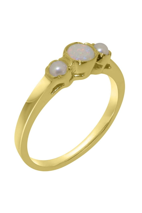 LBG British Made 10k Yellow Gold Real Natural Opal & Cultured Pearl Womens Statement Ring - 33 size options - Size 8