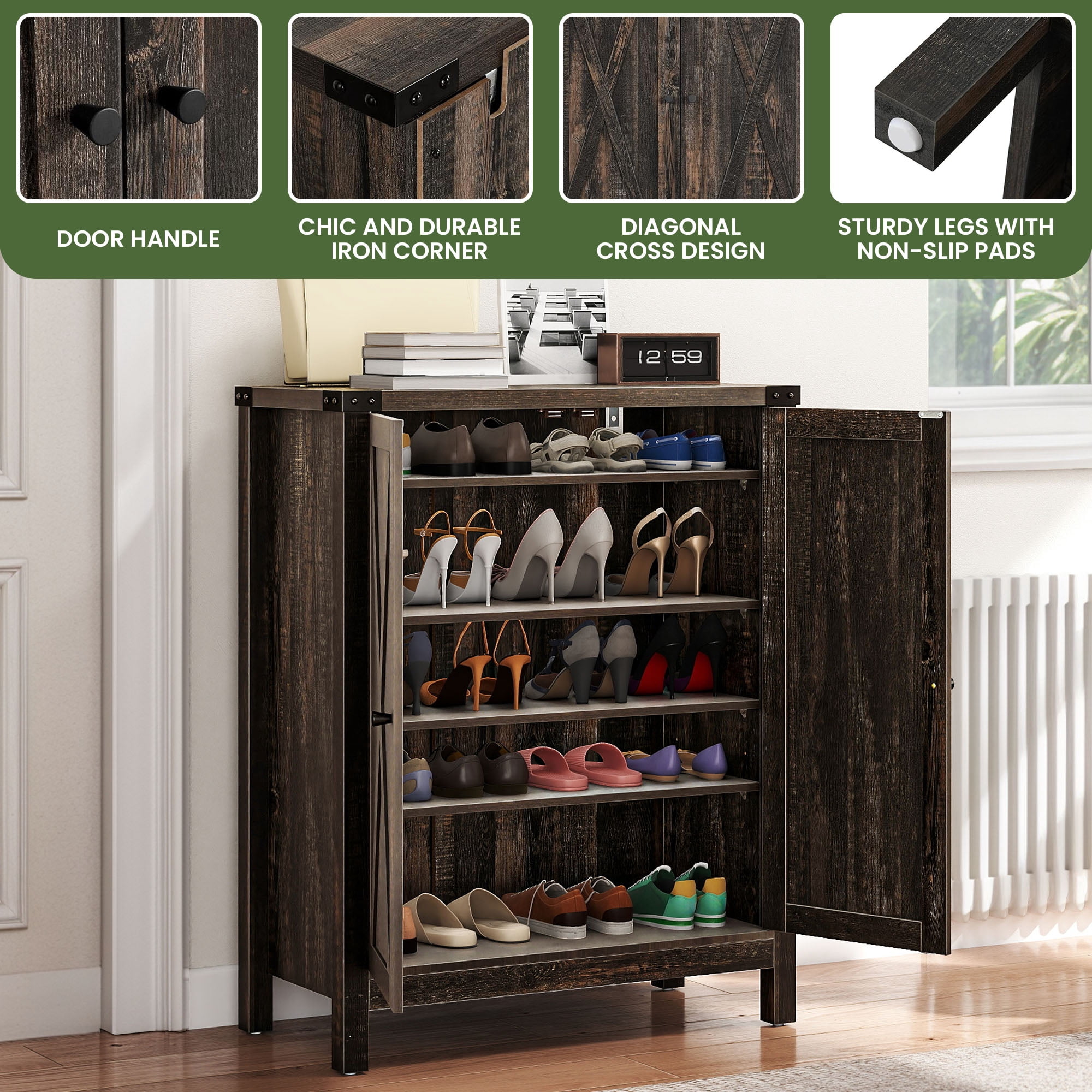 Uforic Farmhouse Shoe Cabinet with Door, 5-Tier Freestanding Shoe Organizer with Open Shelf