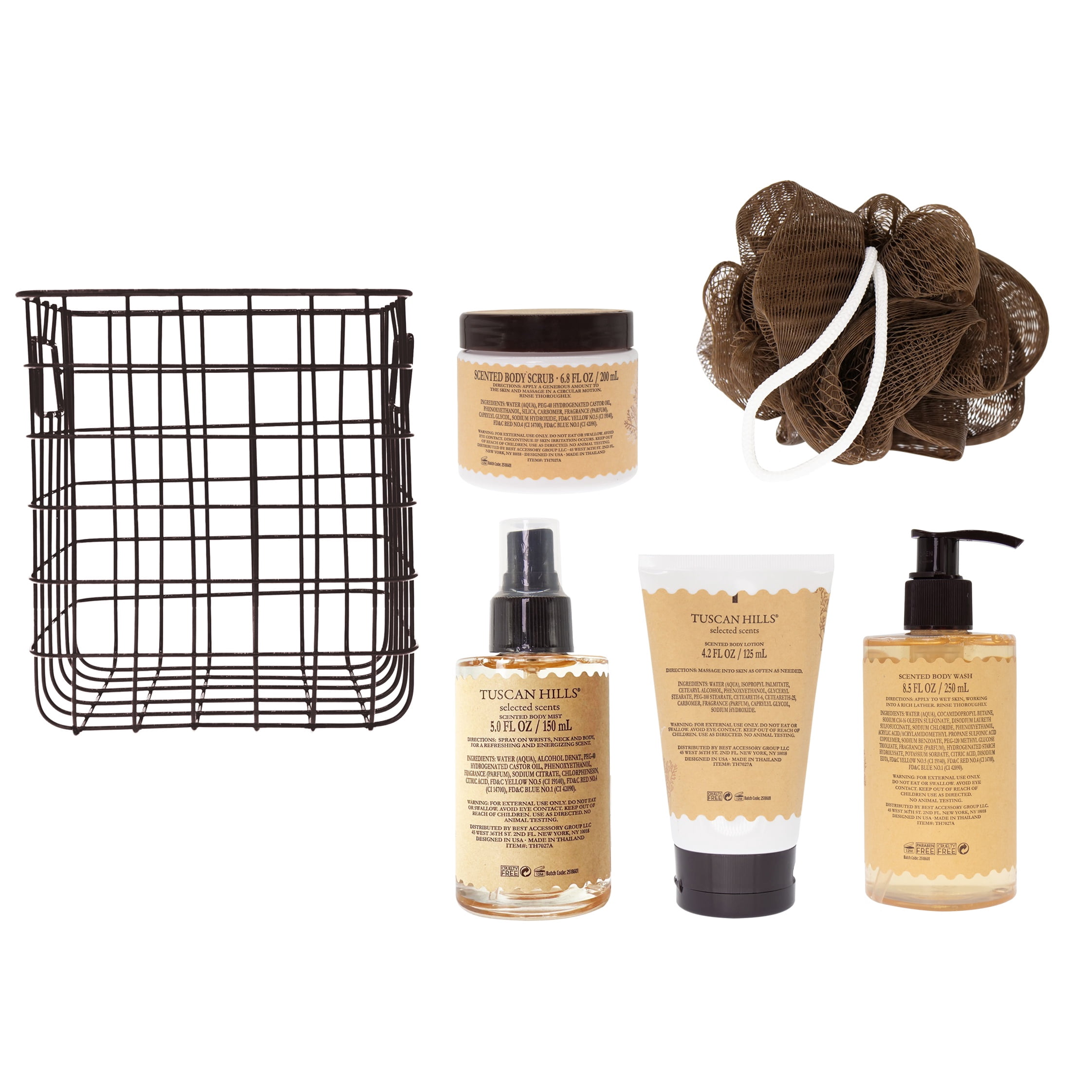 Tuscan Hills Body Care Gift Set with Shower Caddy, Vanilla Almond Scent, 6 Piece