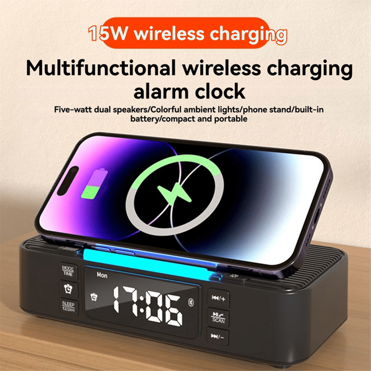 Wireless Charging Station with Bluetooth Speaker, Alarm Clock, FM Radio, Night Light, Phone Holder, Adjustable Display