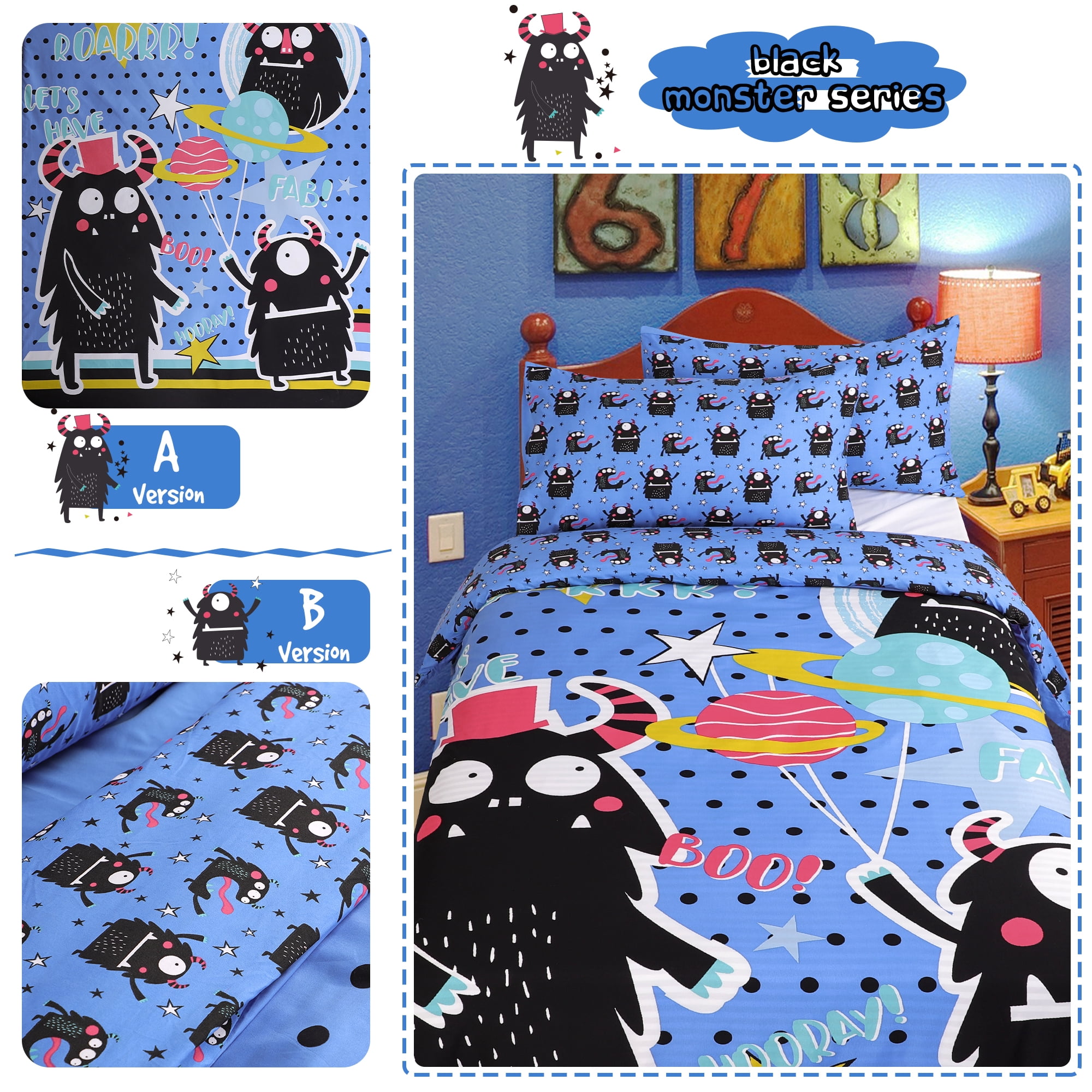 5 Piece Brushed Polyester Kids Duvet Cover Set Black Cartoon Pattern Twin