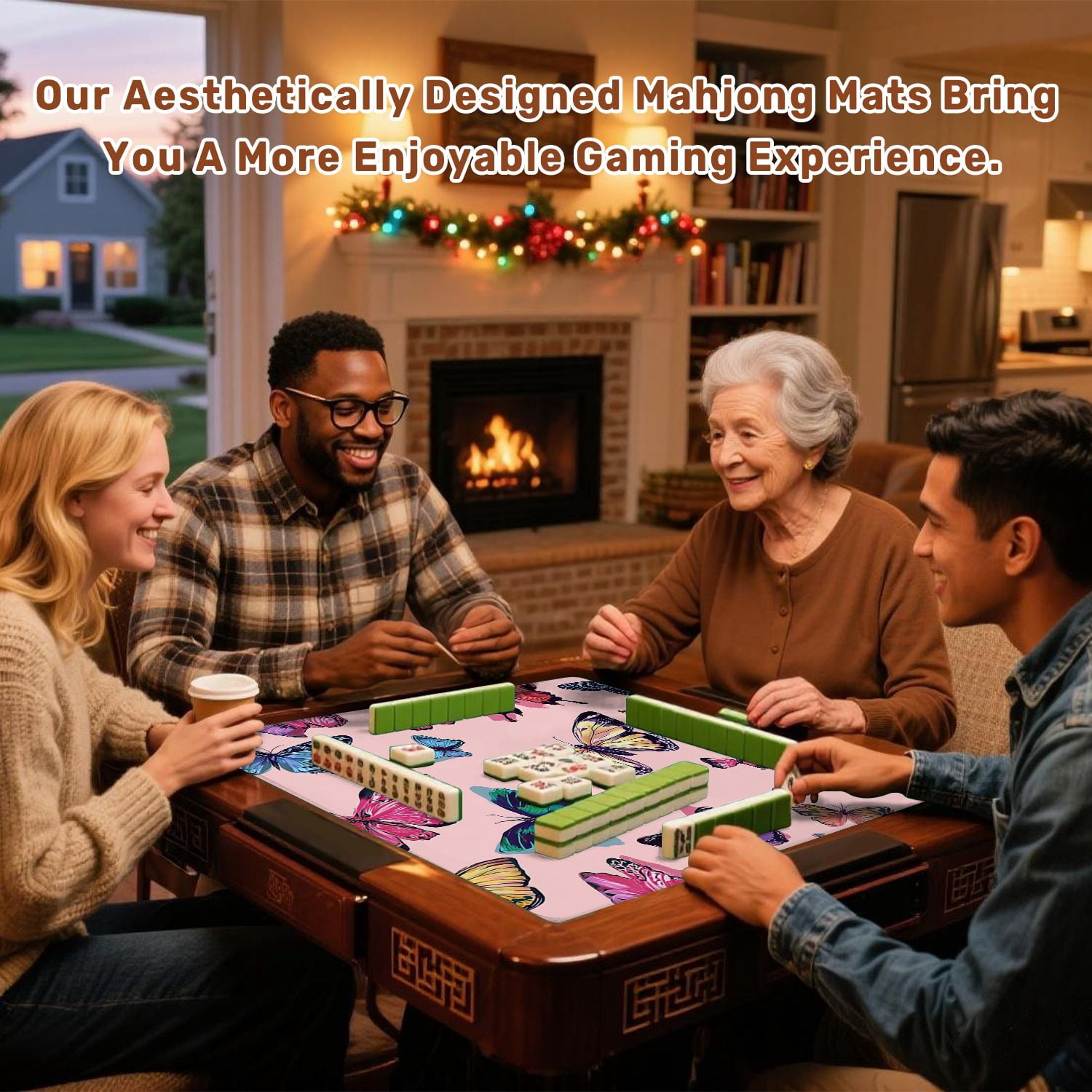 Mahjong Mat 31.5" x 31.5" Seamless butterflies Non-Slip Noise Reduction American Mahjong Tiles Table Cover for Dominoes Poker Card Board Games Gift