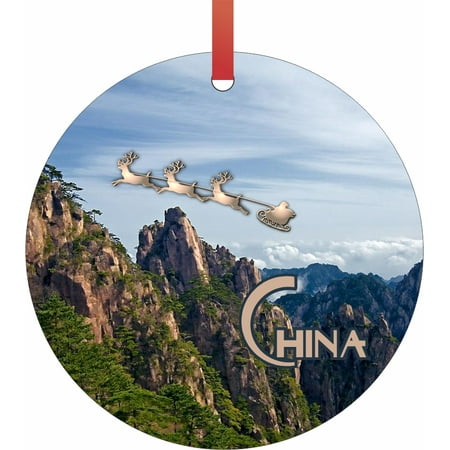 Santa and Sleigh Riding Over The Yellow Mountains - China TM - Double-Sided Round-Shaped Flat Aluminum Christmas Holiday Hanging Ornament with a Red Satin Ribbon. Made in the USA!
