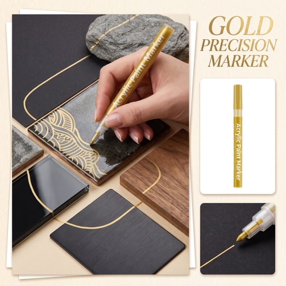 Gold Acrylic Paint Marker Pen 0.7mm Ultra Fine Tip for Black Paper, Glass, Ceramic, Rock, Wood, Metal - Permanent Opaque Detailing Art Craft Supplies